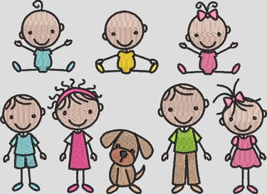 Stickdatei Strichmännchen Familie 1  Mann, Mutter, Kind, Hund - Sticken