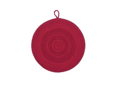 Runder dunkelroter gestrickter Topflappen mit Aufhängeschlaufe