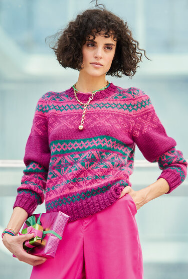 Jaquardpullover in Fuchsia und Dunkelgrün - Stricken