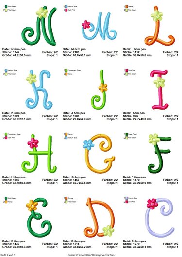Stickdatei Bunte Buchstaben, Alphabet Stickmuster, Maschinensticken