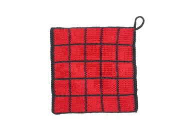 Quadratischer gestrickter Topflappen rot mit dunkelgrauem Gittermuster und Aufhängeschlaufe