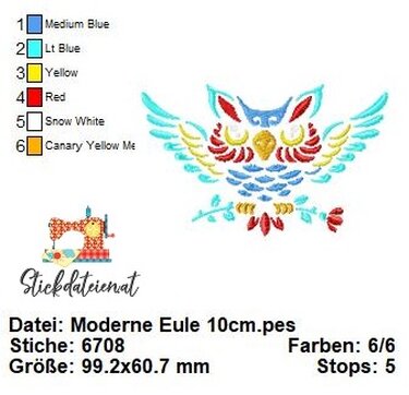 Stickdatei Eule, digitale Stickdatei Waldtiere, Bunte Eule Stickprojekt - Sticken