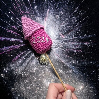 Hand zeigt selbstgehäkelte pinke Rakete auf Stab mit gestickter '2024' vor funkelndem Hintergrund