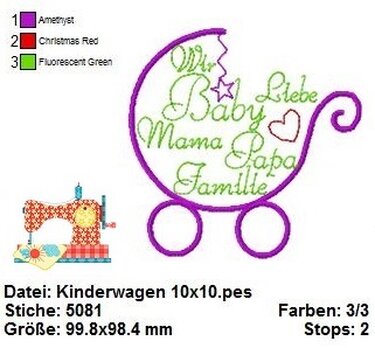Stickdatei Kinderwagen, Stickdatei zur Geburt, Liebe Baby Stickdatei - Sticken