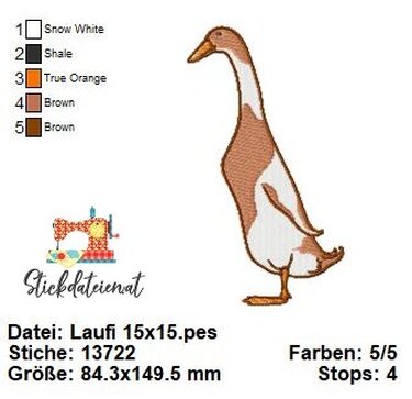 Laufente Stickdatei, Entenstickdatei, Tierstickerei, Landleben Stickdatei - Sticken
