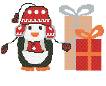 Christmas cross stitch pattern, Penguins with a hat - Embroidery