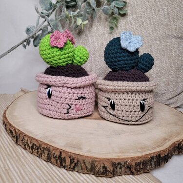 Zwei farbige Amigurumi-Kakteen mit Blüten in gehäkelten Töpfen, jeweils mit aufgesticktem Gesicht