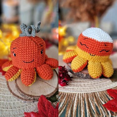 Crochet autumn reversible pumpkin candy corn octopus amigurumi pattern