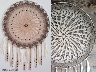 Gehäkelter Traumfänger-Mandala in Beige und Braun mit Holzperlen und hängenden Bändern