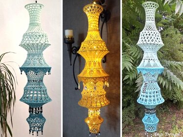 Drei stufenförmige gehäkelte Hängelampen in Türkis‑Blau und Gold mit Perlenverzierung