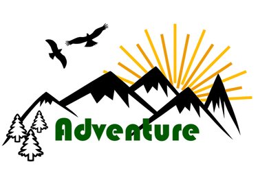 Schwarze Bergsilhouette mit goldgelben Sonnenstrahlen, zwei Vögeln, Tannen und grünem Schriftzug „Adventure“ auf weißem Hintergrund.