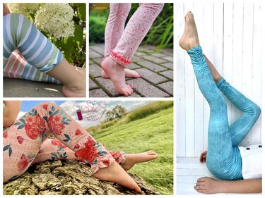 Collage mit vier Kinderleggings: gestreift, kleingemustert mit Rüschen, floral und denimfarbene Leggings