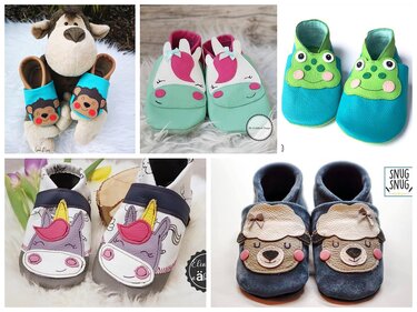 Mehrere Paar weiche Babyschuhe mit Tierapplikationen (Affe, Einhorn, Frosch, Schaf) in verschiedenen Farben