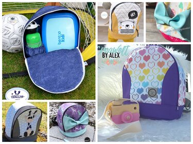 Collage aus mehreren selbstgenähten Kinderrucksäcken und einer geöffneten Tasche mit Trinkflasche und Brotdose.