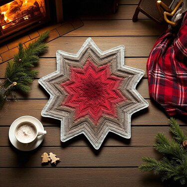 Sternförmige Häkeldecke mit Rot-Braun-Grau Ombre auf Holzboden vor Kamin