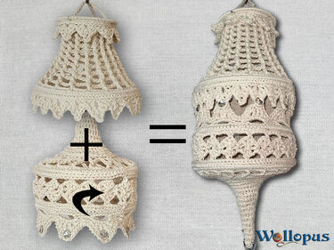 Oben- und Unterteil eines gehäkelten Lampions nebeneinander mit grafischen Symbolen; daneben das zusammengesetzte Lampion