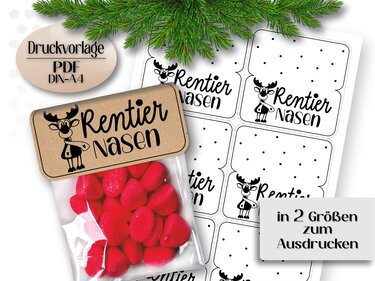 Druckvorlage PDF Rentiernasen Tütenverschluss Tütenklappe - Basteln