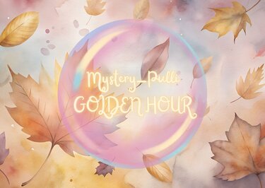Titelgrafik mit pastellfarbenen Herbstblättern und dem Text „Mystery-Pulli GOLDEN HOUR“ in einer transparenten Blase.