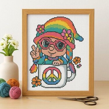 Cute Hippie Gnome on Cup Cross Stitch Pattern | Rainbow Peace Mug PDF - Embroidery