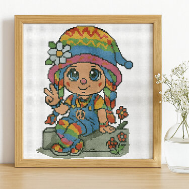 Rainbow Hippie Gnome Cross Stitch Pattern | Peace and Love Embroidery PDF
