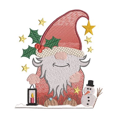 Stickmotiv eines Wichtels mit Laterne, Sternen und Schneemann auf Schneeboden