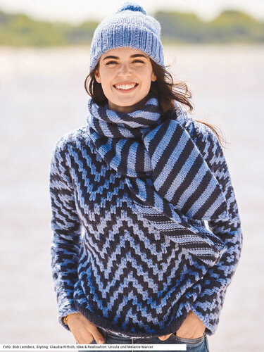 Pulli im Hebemaschenmuster mit Schal und Mütze im Hebemaschenmuster mit Schal und Mütze