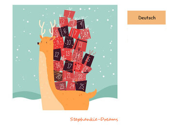 Rentier mit einem hohen Stapel rot-schwarz nummerierter Adventsgeschenke in einer winterlichen Landschaft