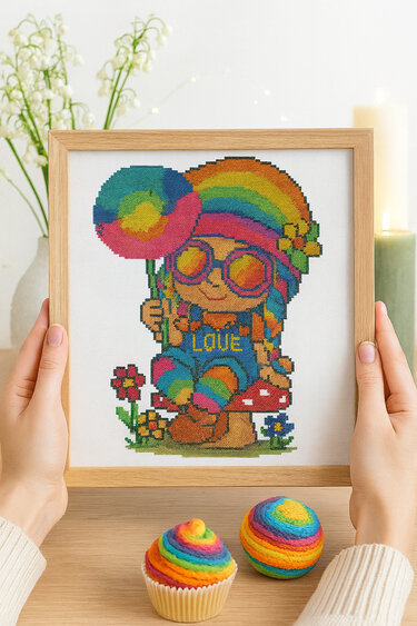Hippie Gnome Cross Stitch Pattern | Rainbow Peace Gnome with Dandelion - Embroidery