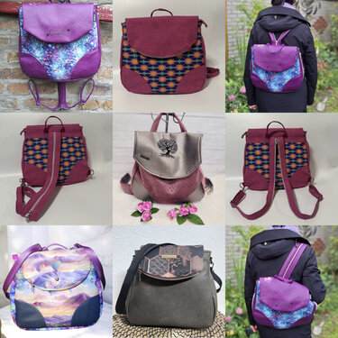 Collage mit neun handgenähten Rucksäcken und Taschen in unterschiedlichen Mustern und Farben.