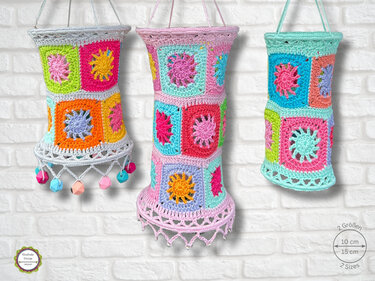Crochet Pattern Sunrise Granny Square Lampions, cute lanterns, 2 sizes, PDF