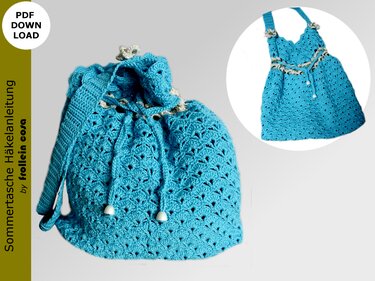 Türkise gehäkelte Beuteltasche mit Kordelzug und Perlen, Vorderansicht und Detail-Einlage
