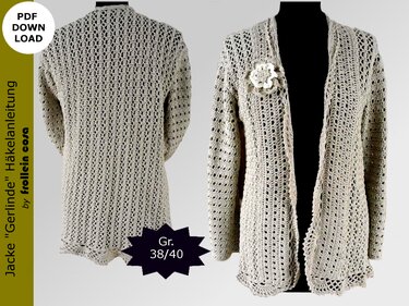 Beigefarbene gehäkelte Damenjacke mit Lochmuster, Vorder- und Rückansicht