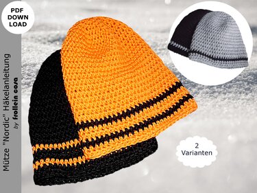 Zwei gehäkelte Mützen in Orange und Schwarz auf verschneitem Untergrund; rundes Einsatzbild zeigt die Grau‑/Schwarz‑Variante.