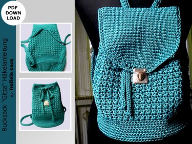 Türkis gehäkelter Rucksack mit Klappe und Metallverschluss auf Schneiderpuppe