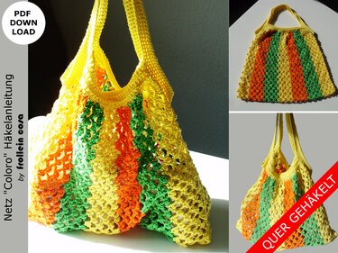 Gehäkelte Netztasche in Gelb, Orange und Grün mit Henkeln
