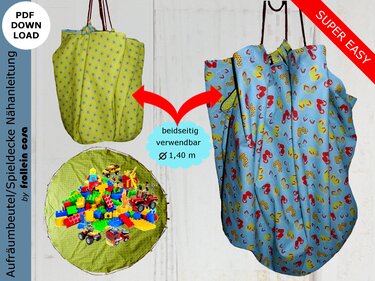 Runde limegrüne Spieledecke mit blauen Punkten und gefülltem Bausteinspiel, daneben blauer Beutel mit Flip‑Flop‑Muster