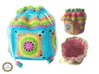 Pastel crocheted drawstring pouch with granny-square panels, ribbon drawstring with beads, and pink gingham lining.