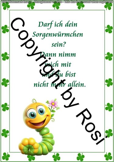 Bastelvorlage für eine Grußkarte mit lächelndem Sorgenwürmchen, tröstendem Spruch und grünem Kleeblattrand.
