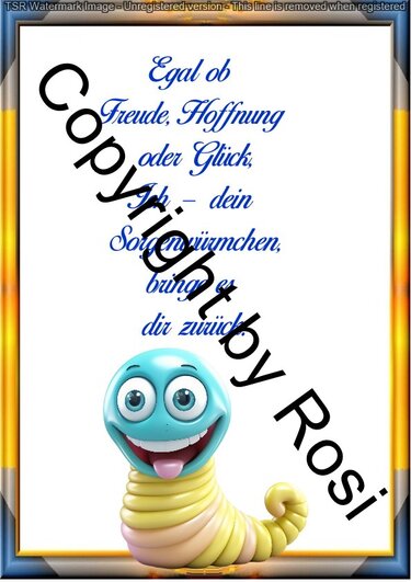 Fröhlicher blau-gelber Wurm mit großem Lächeln, kursiver deutscher Spruch auf weißem Hintergrund, gold-blauer Rahmen