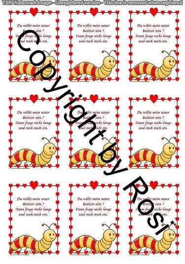 Bogen mit neun identischen Geschenkanhängern: gelb-rot gestreifte Raupe, Herzrahmen und kurzer deutscher Text.