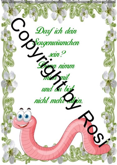 Weiße Karte mit grünem Blumenornamentrahmen, grüner kursiver Schrift 'Darf ich dein Sorgenwürmchen sein?' und rosa Comic-Wurm unten