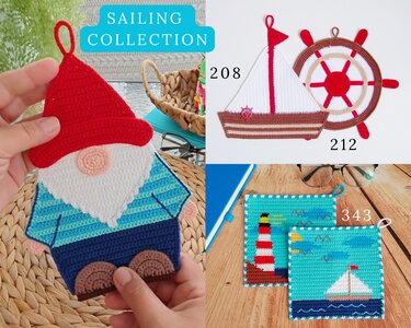 361 Gnome Sea Captain Fisherman decor, washcloth, potholder, table mat - Crochet