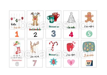 Zehn Karten mit den Zahlen 1 bis 10 und weihnachtlichen Illustrationen wie Rentier, Tassen, Tannenbaum und Lebkuchen.