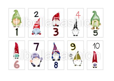 Zehn nummerierte Zwergenkarten mit bunten Hüten auf weißem Hintergrund, in zwei Reihen angeordnet.