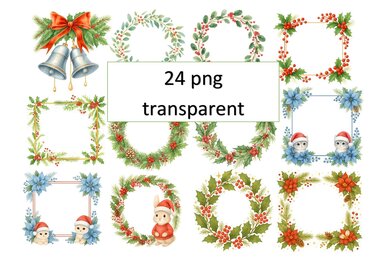 Christmas Wreaths & Frames Clipart Set – 24 PNG Transparent Illustrations - Crafts