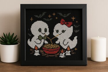 Cute Halloween Ghost Couple Cross Stitch Pattern – Baby Ghosts Eating - Embroidery