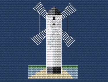 Kreuzstichvorlage eines weißen Turms mit Flügeln, Strand und Meer