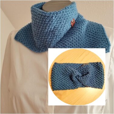 Gestrickter blauer Halswärmer mit passendem, gedrehtem Stirnband