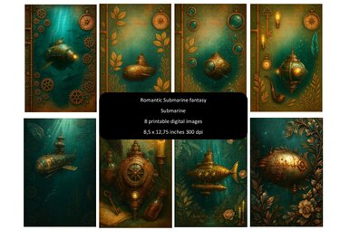 Romantic Submarine Fantasy — Steampunk Digital Paper Set | 8 Printable - Crafts