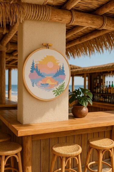 Pastel Sunset Lake Cross Stitch Pattern | Peaceful Landscape Embroidery PDF